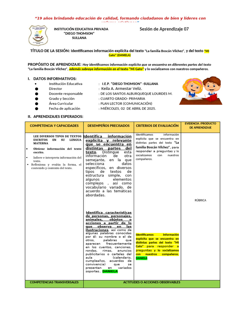 Ficha de Plan Lector: Cuarto Grado | PDF | Aprendizaje | Comprensión ...