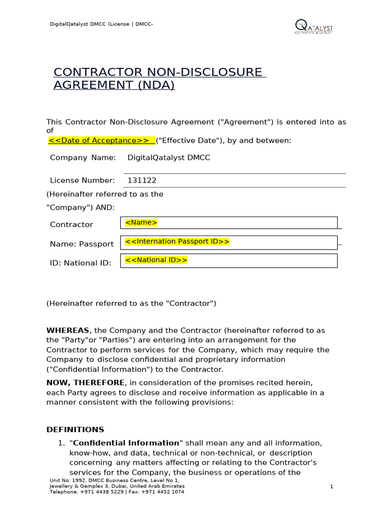 DigitalQatalyst Contractor NDA Agreement | PDF | Patent | Non ...