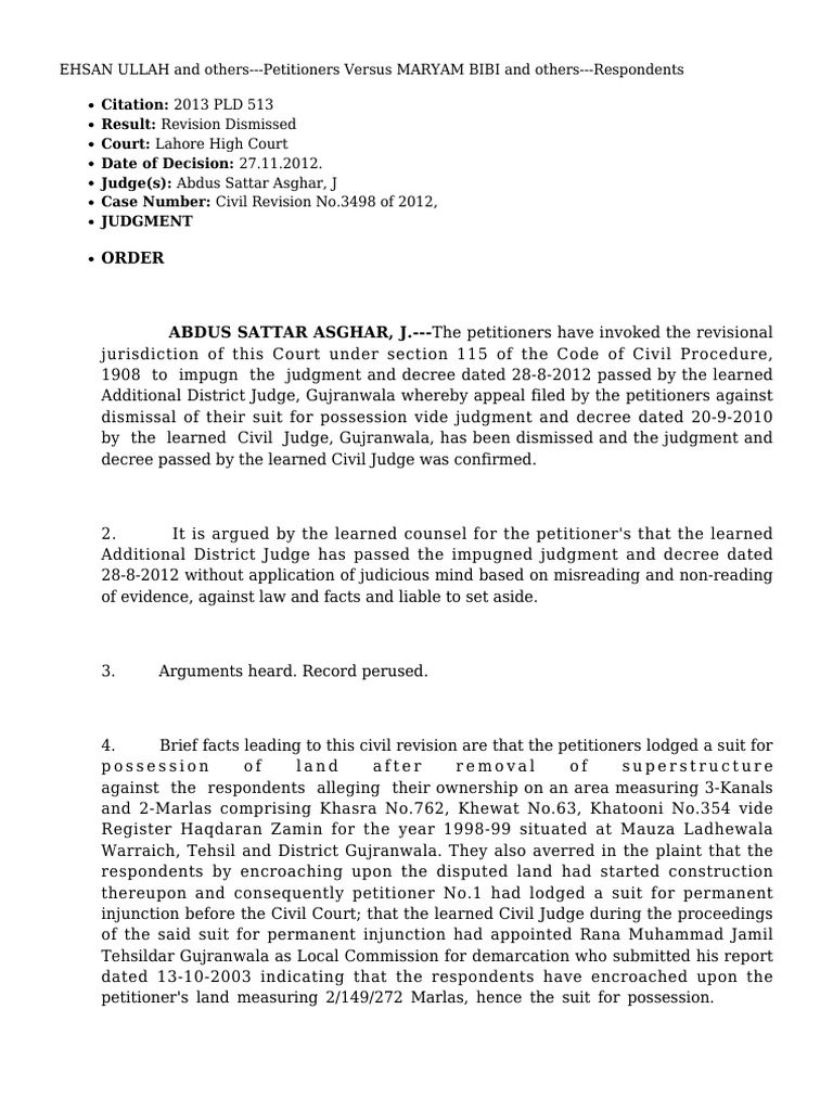 Lahore High Court Civil Revision Dismissed | PDF | Lawsuit | Judgment (Law)