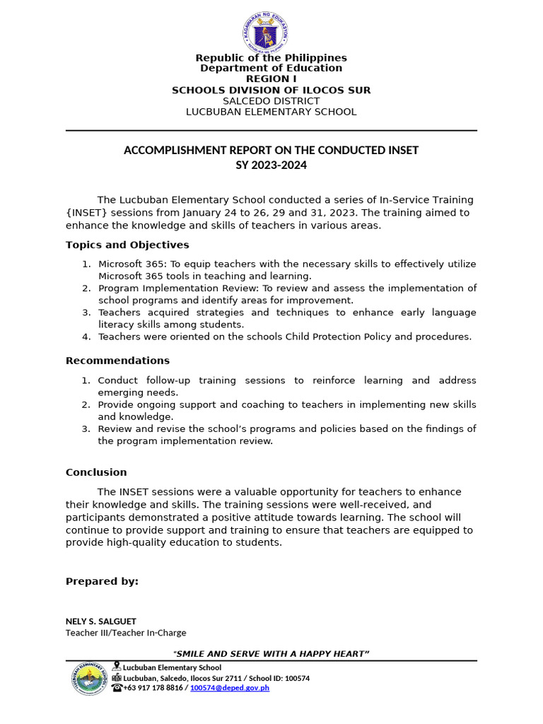 Lucbuban Elementary School INSET Report | PDF | Teachers | Child Protection