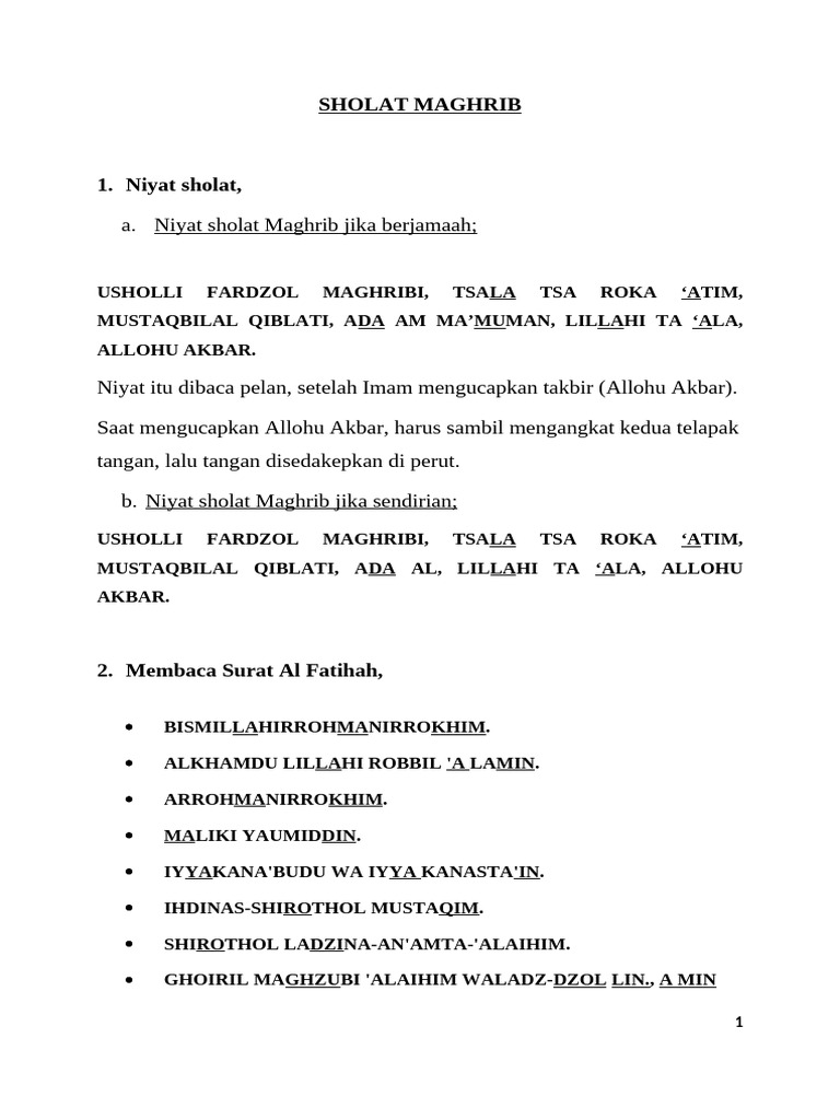 Niat dan Bacaan Sholat Maghrib | PDF