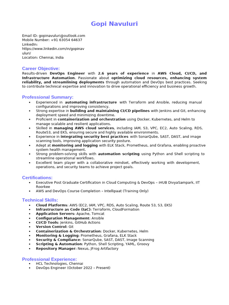 Gopi Navuluri CV - DevOps Engineer | PDF | Cloud Computing | Amazon Web ...