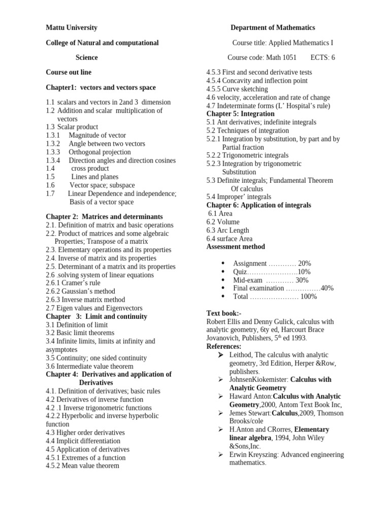 Applied Mathematics I Course Outline | PDF | Integral | Vector Space