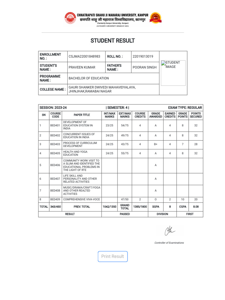 B.Ed Result 2023 for Praveen Kumar | PDF | Educational Stages ...