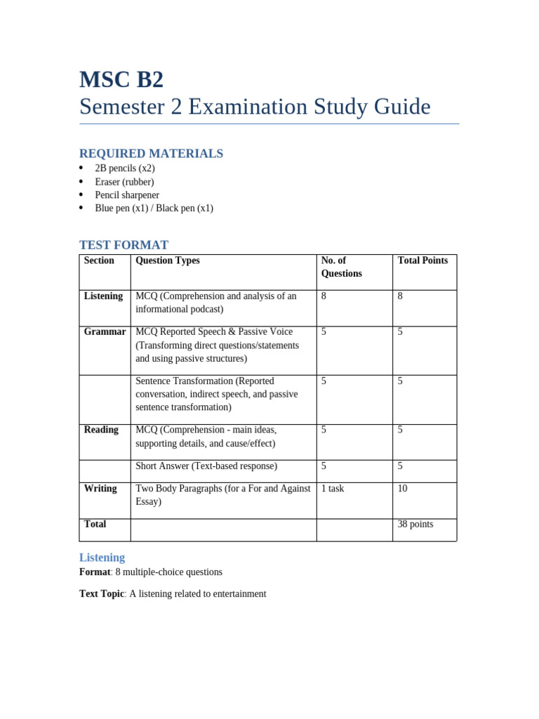 MSC B2 Semester 2 Exam Study Guide | PDF | Reading Comprehension ...