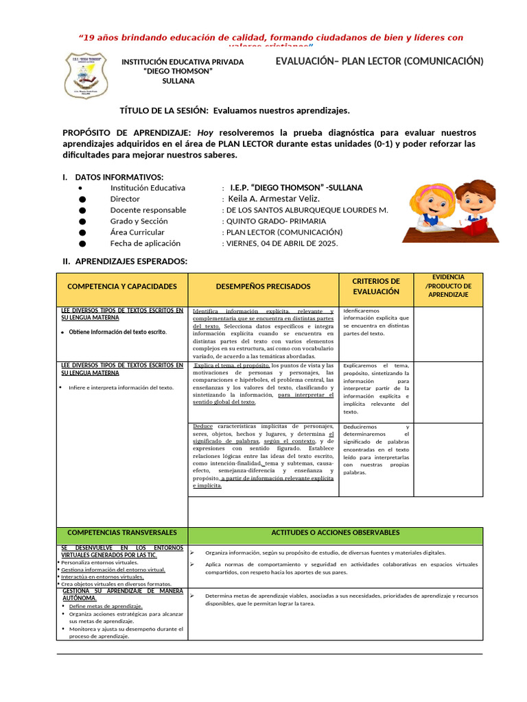 Evaluación de Aprendizajes en Plan Lector | PDF | Aprendizaje | Información
