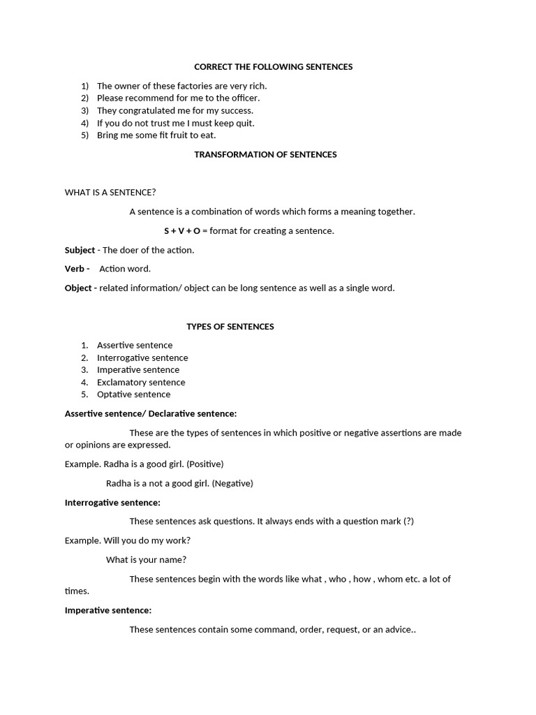 Transformation of Sentences | PDF | Sentence (Linguistics ...