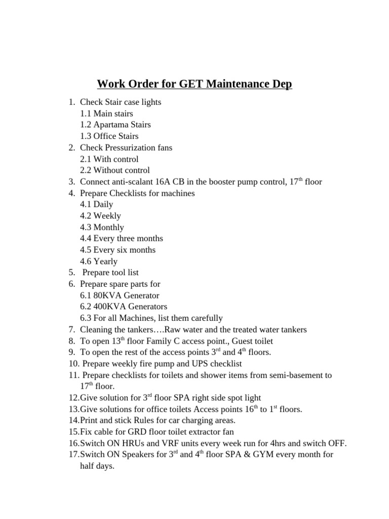 Work Order For GET Maintenance Dep | PDF