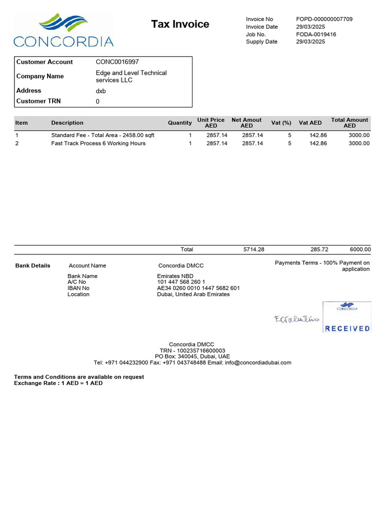 Concordia DMCC Tax Invoice Details | PDF | Invoice | Value Added Tax