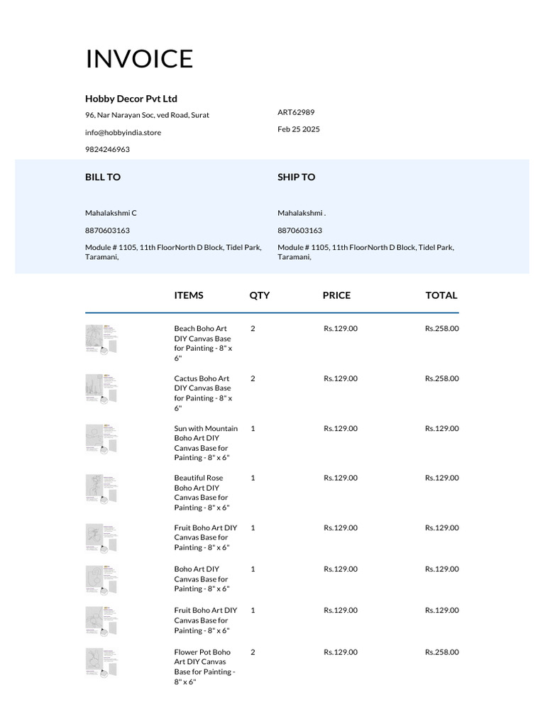 Hobby India Invoice for Boho Art Items | PDF