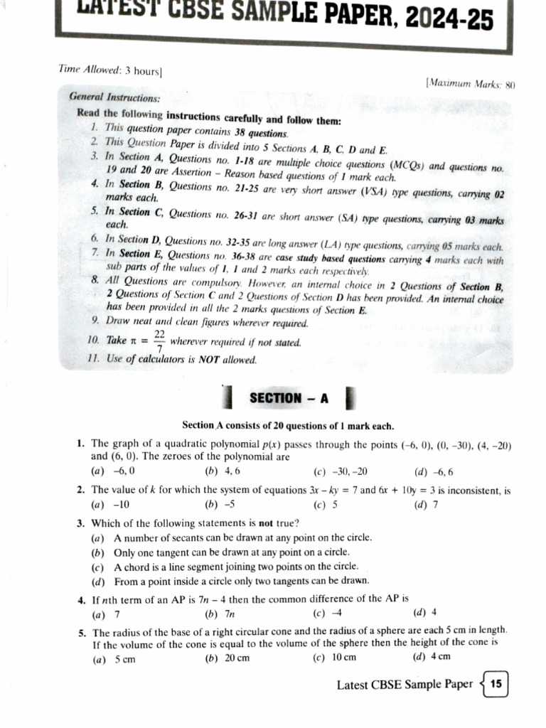 CBSE 2024-25 Mathematics Sample Paper | PDF | Circle | Sphere