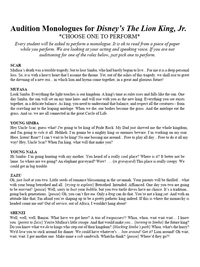 Lion King Jr. Audition Monologues | PDF