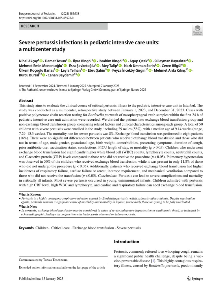 Severe Pertussis Infections in Pediatric Intensive Care Units - A ...