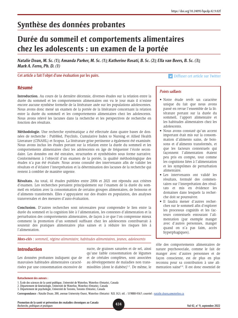 Sommeil et alimentation chez les adolescents | PDF | Adolescence ...