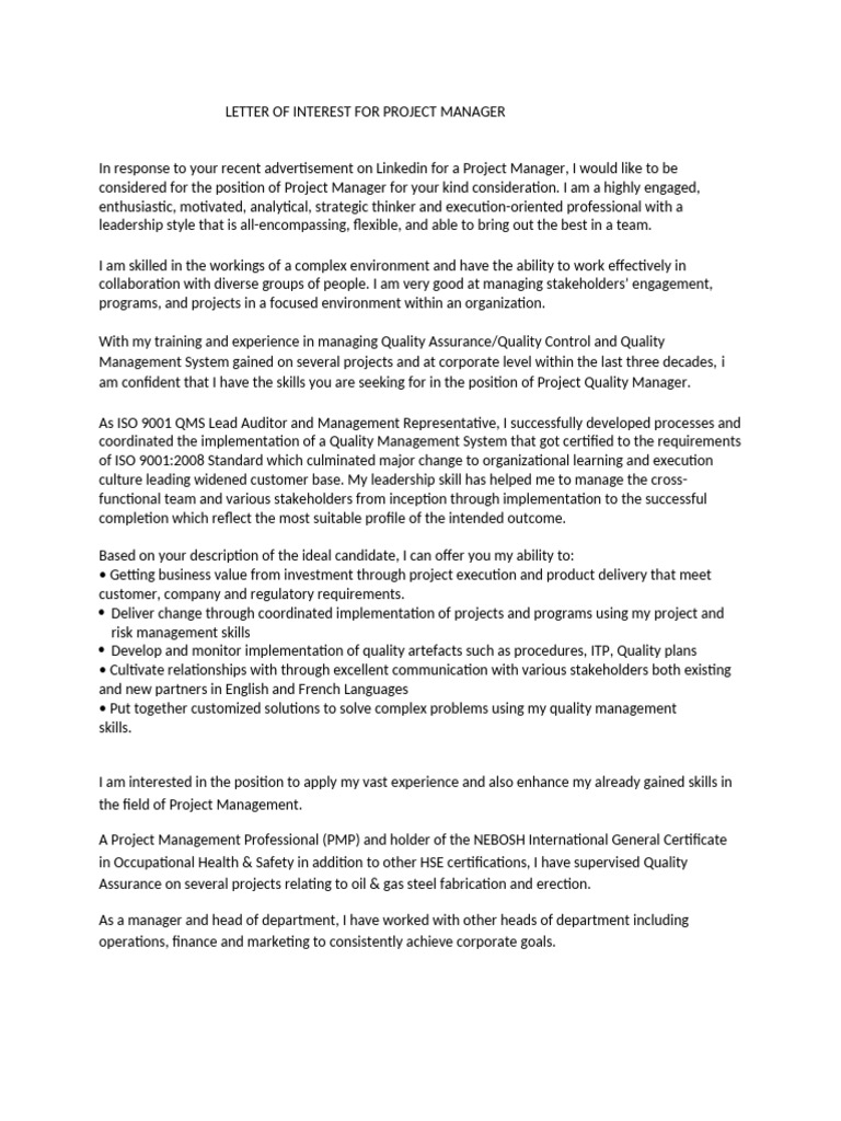 Project Manager Cover Letter Sample | PDF | Quality Management | Leadership