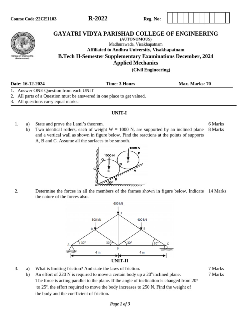 22CE1103 - R-2022 - Applied Mechanics | PDF | Force | Friction