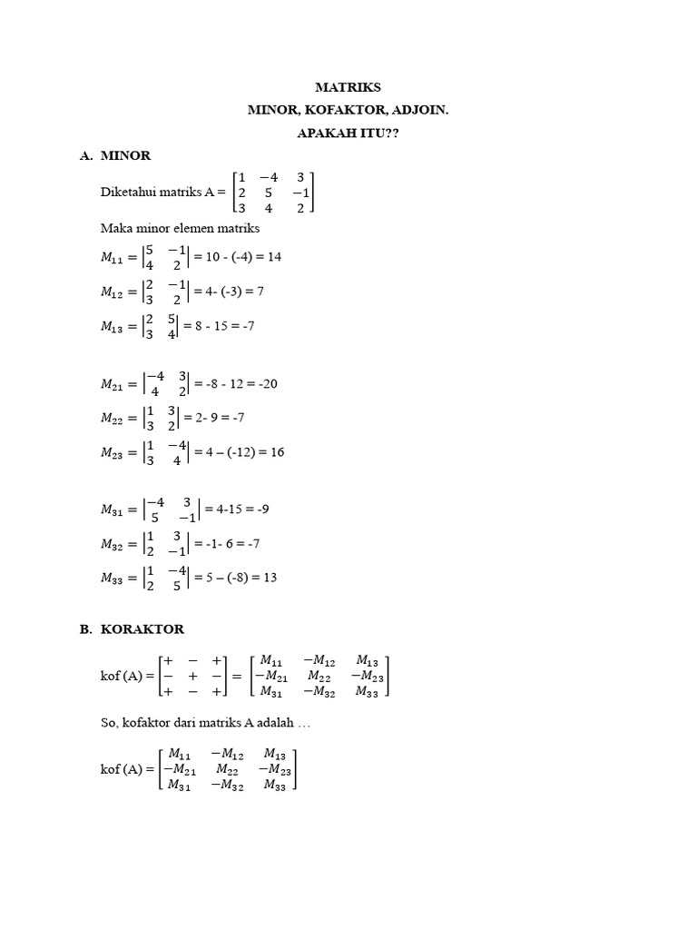 Minor, Kofaktor, dan Adjoin Matriks | PDF