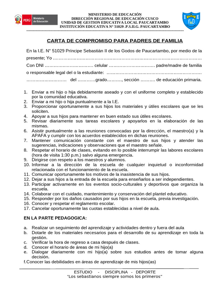 Carta de Compromiso para Padres | PDF | Escuelas | Salón de clases