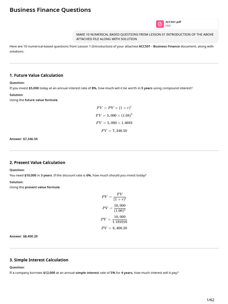 Business Finance Questions | PDF | Return On Investment | Net Present Value
