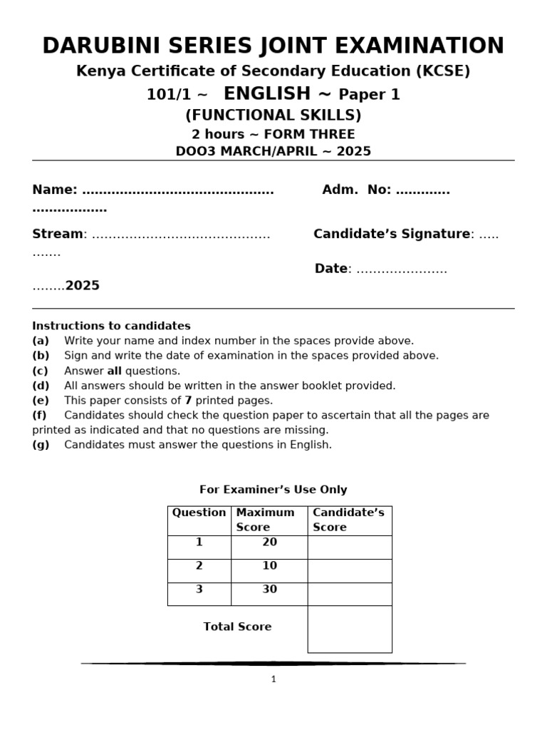 KCSE English Paper 1 - 2025 Exam | PDF