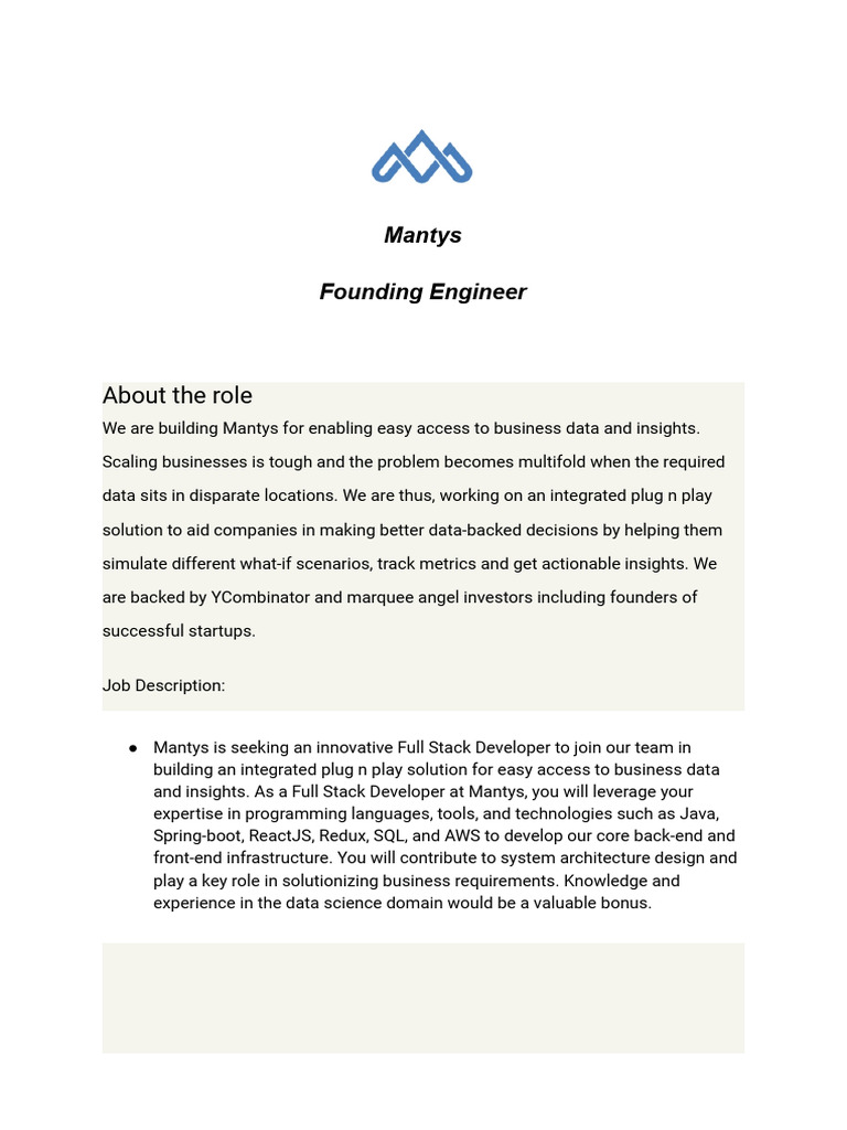Founding Engineer Mantys | PDF | Data Science | Startup Company