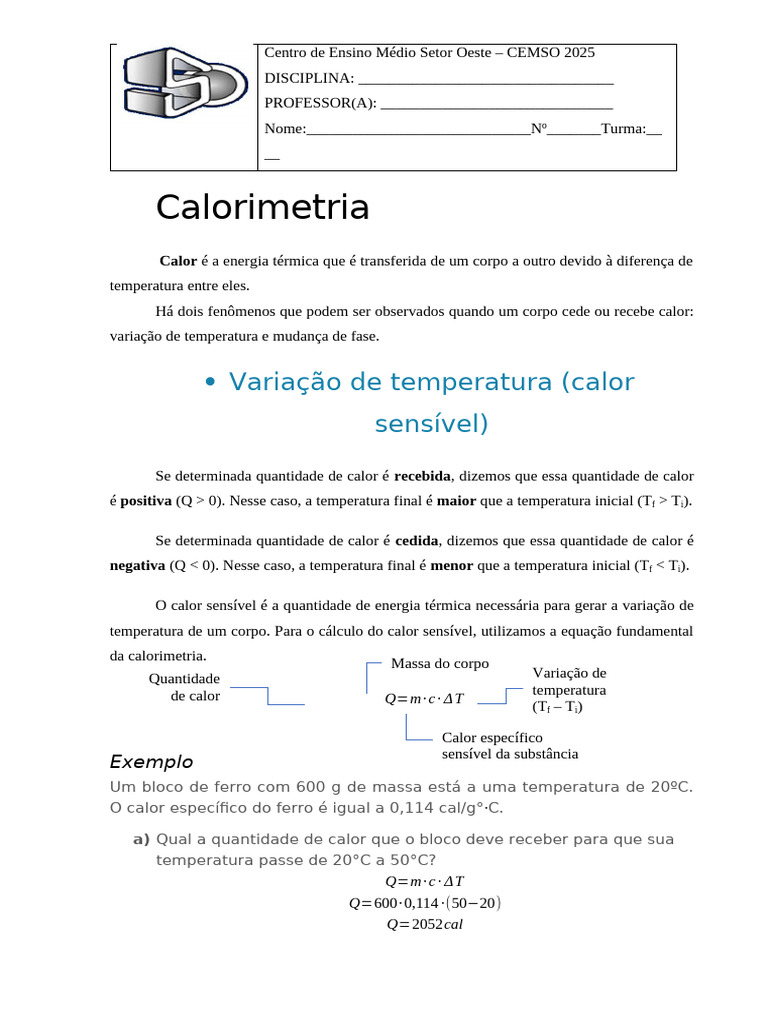 Calorimetria: Cálculos e Exercícios | PDF | Calorimetria | Calor