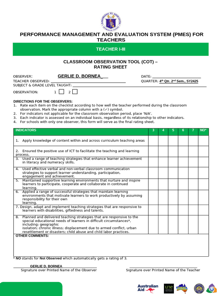 COT Rating Sheet for Proficient Teachers 2025 | PDF | Teachers | Learning