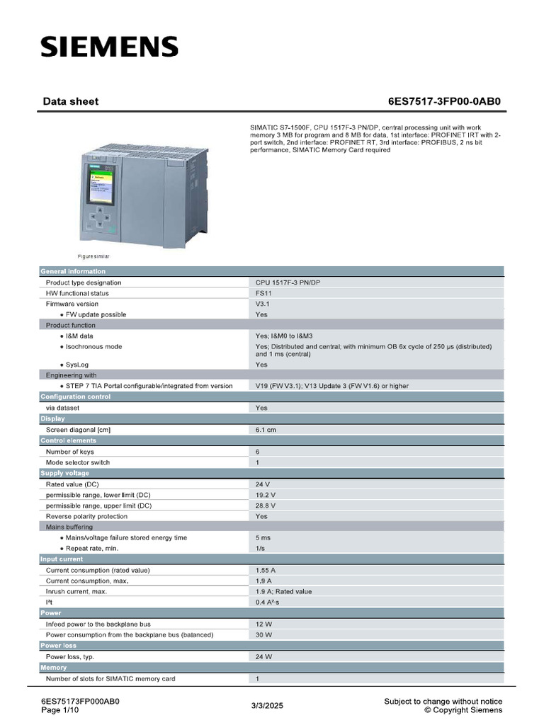 Data Sheet CPU S7 1500 - Modelo 6ES7517-3FP00-0AB0 | PDF