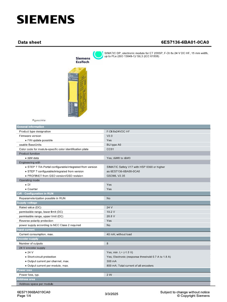 Data Sheet Remote IO - Modelo 6ES7136-6BA01-0CA0 | PDF