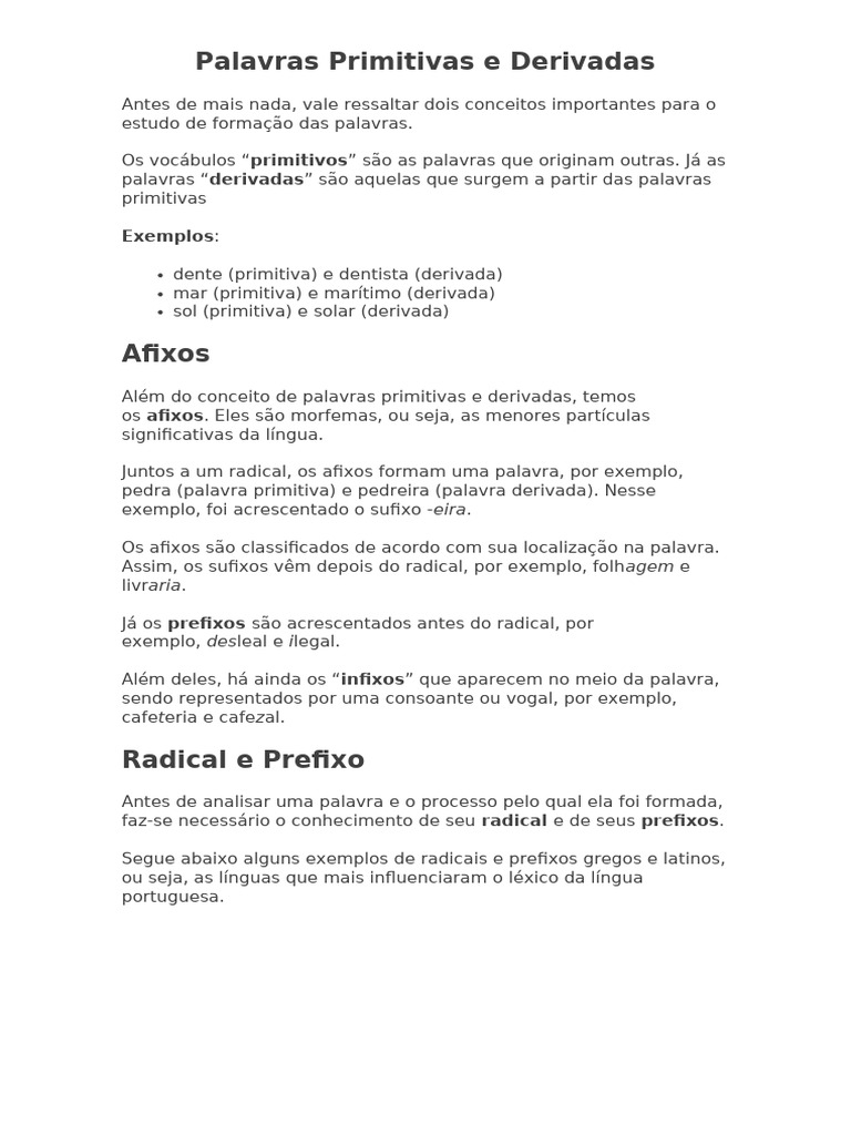 Palavras Primitivas e Derivadas 7º Ano | PDF | Palavra | Adjetivo