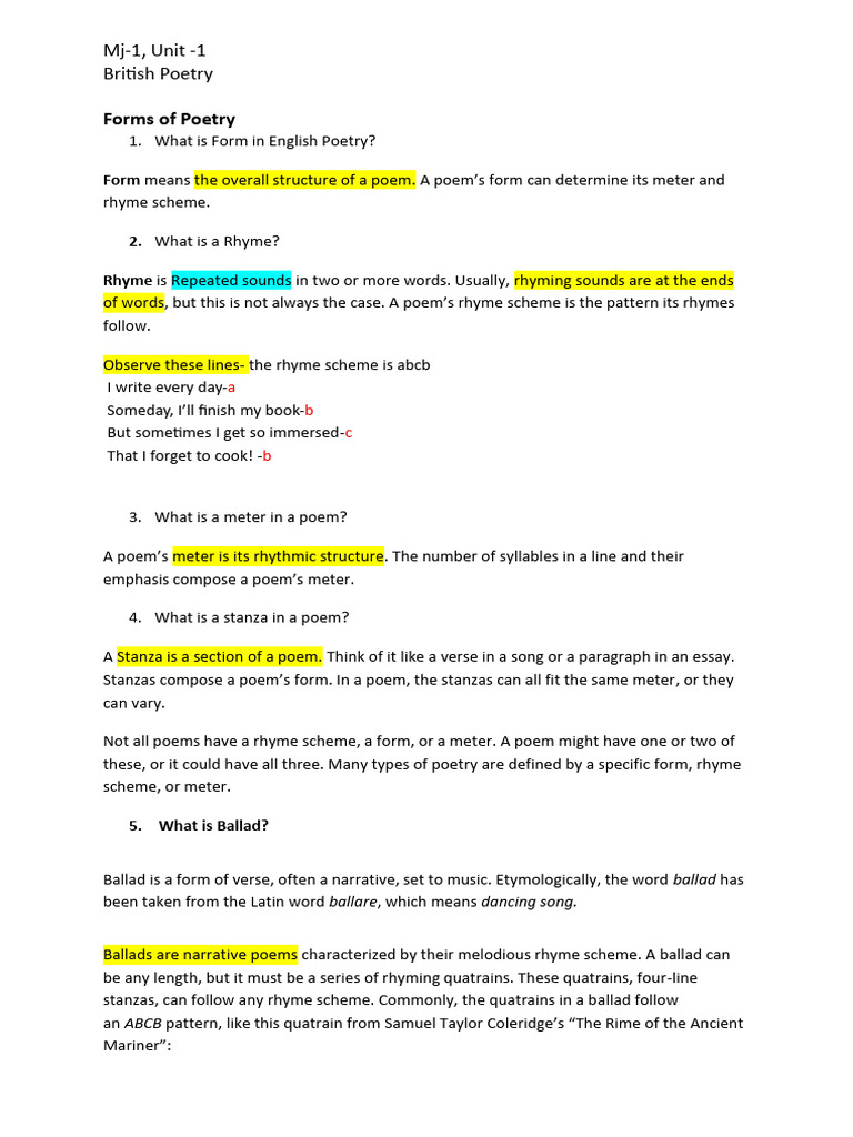 Forms of Poetry Mj-1 Unit-1 | PDF | Poetry | Metre (Poetry)