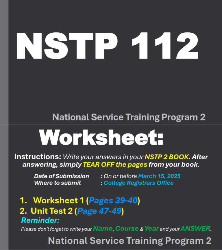 NSTP 2 Worksheet and Test Instructions | PDF