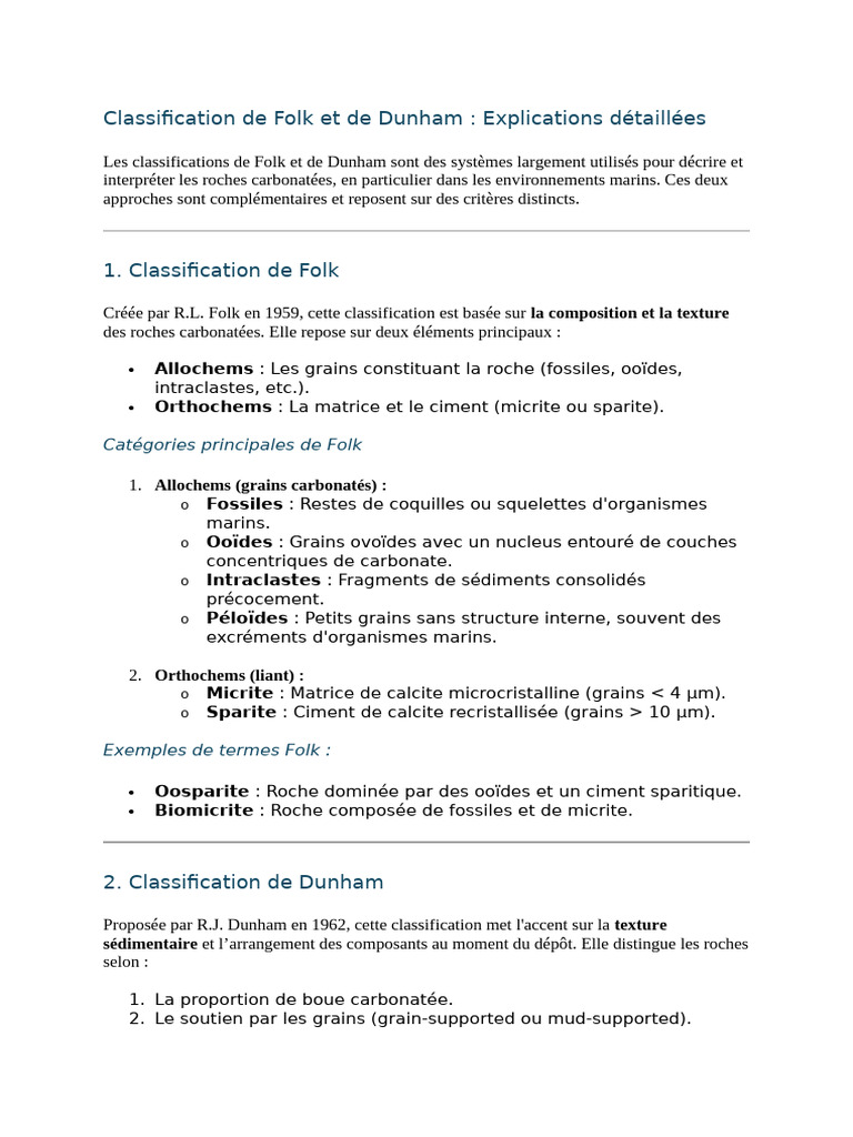 Classification Folk et Dunham des Roches | PDF | Fossile | Roche ...