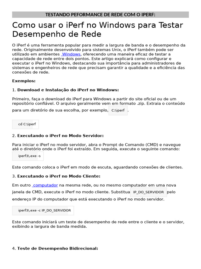 Teste de Rede com iPerf no Windows | PDF