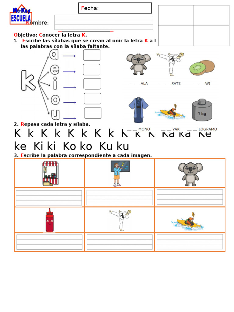 Guía de la letra K en español | PDF