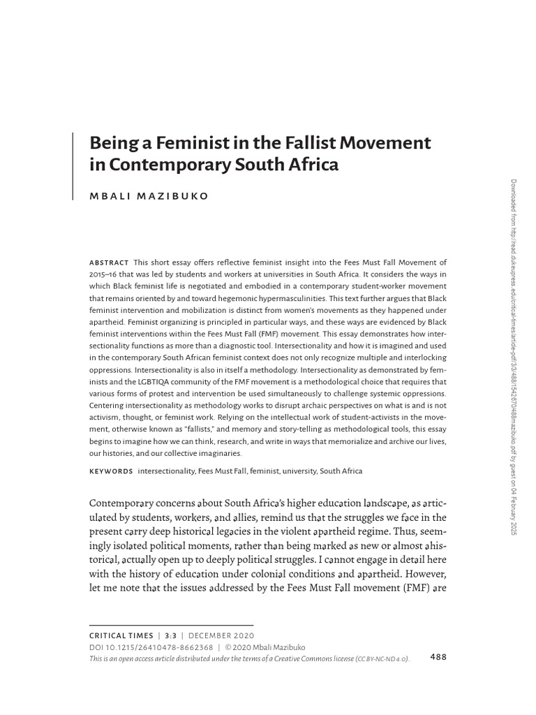Feminism in South Africa's Fallist Movement | PDF | Intersectionality ...