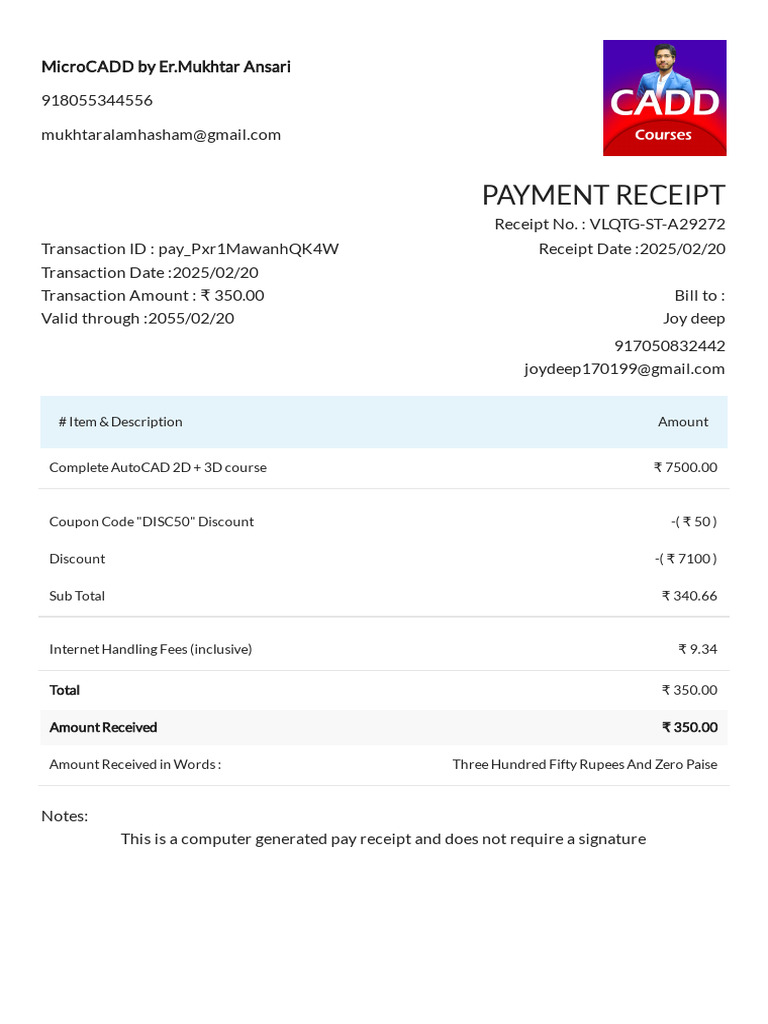 MicroCADD Payment Receipt Details | PDF