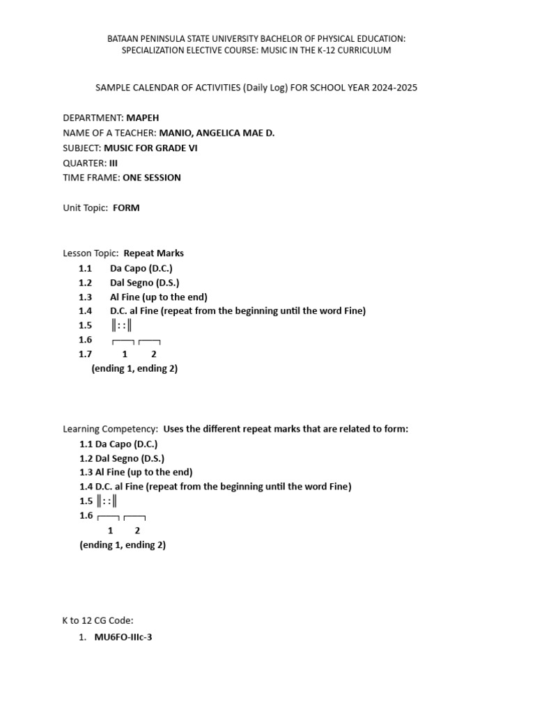 Music Repeat Marks Lesson Plan | PDF