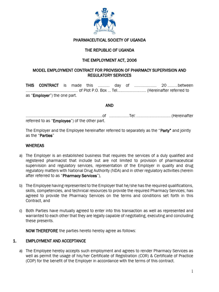 PSU Model Contract For Pharmacists in Pharmacy Supervision | PDF ...