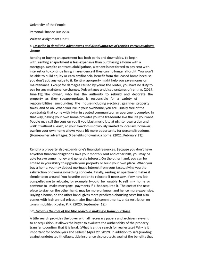 My Written Assignment Unit 5 | PDF | Renting | Mortgages