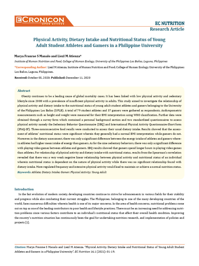 Physical Activity Dietary Intake and Nut | PDF | Sedentary Lifestyle ...