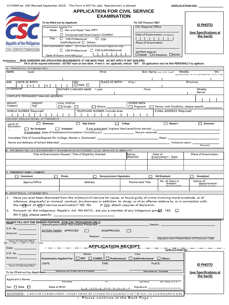 CS Form 100_Revised September 2016 (1) | PDF | Identity Document