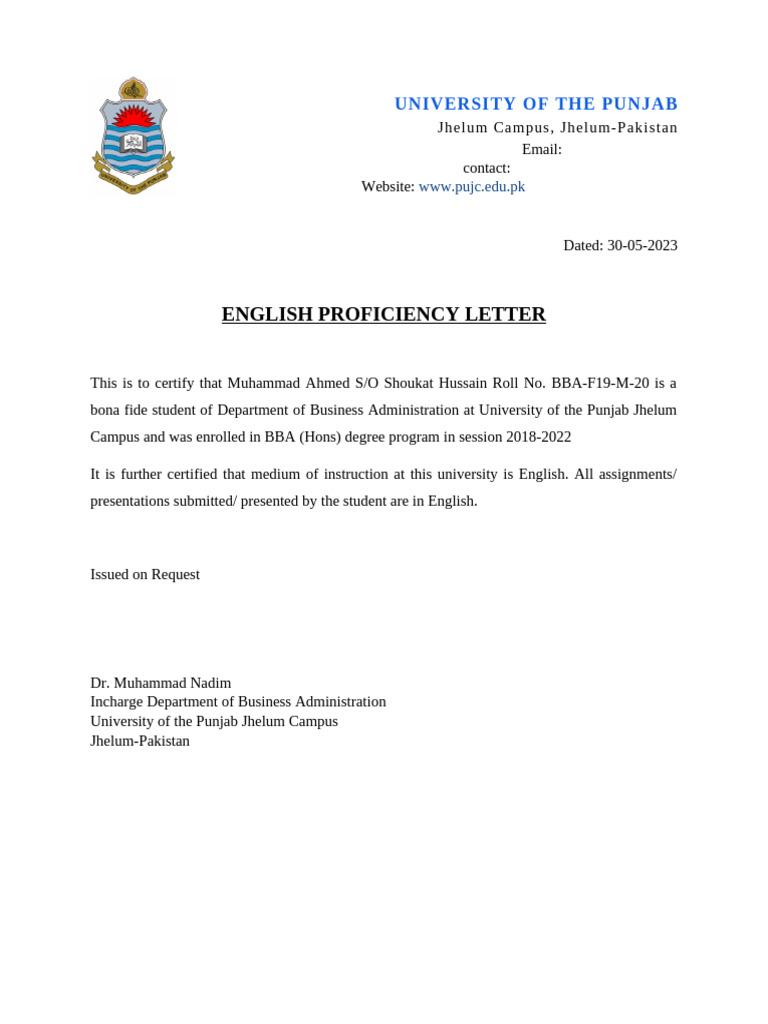 English Proficiency Certificate Sample | PDF