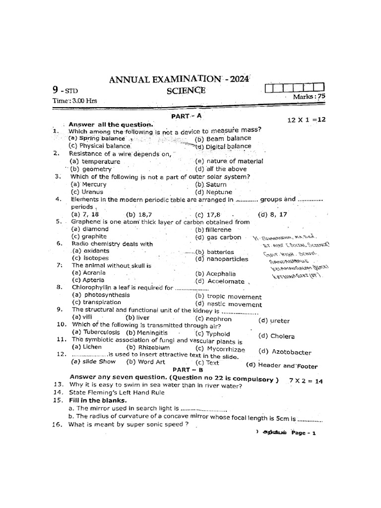2024 9th Science Exam Question Paper | PDF
