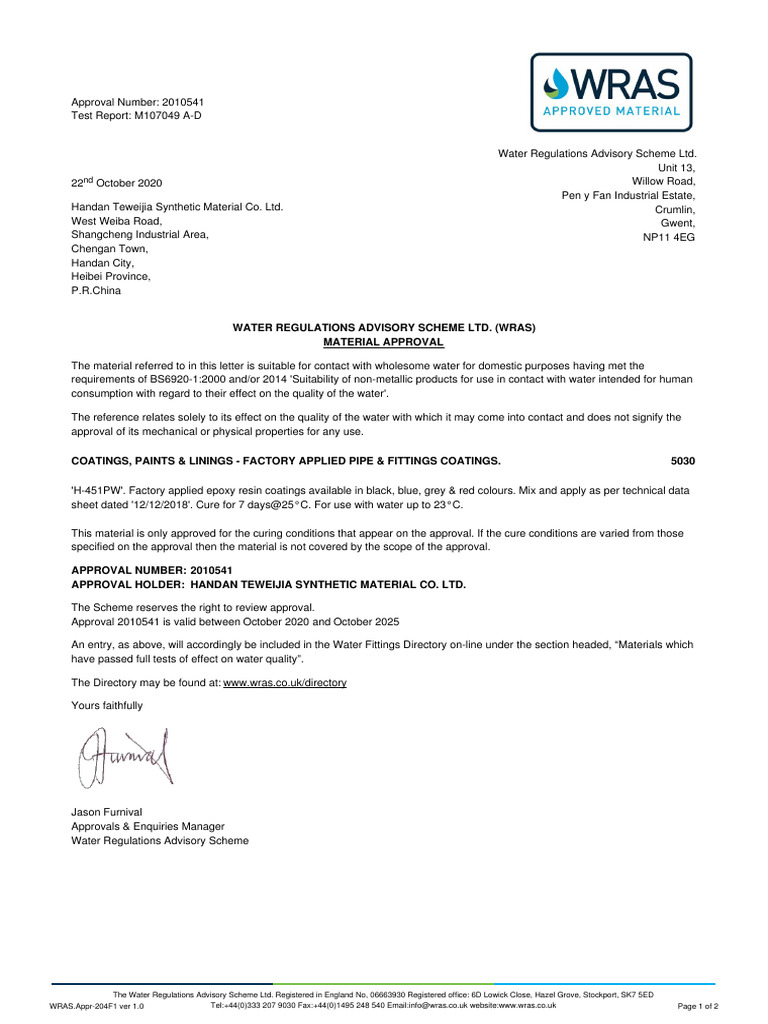 WRAS Approval for Coating Material | PDF