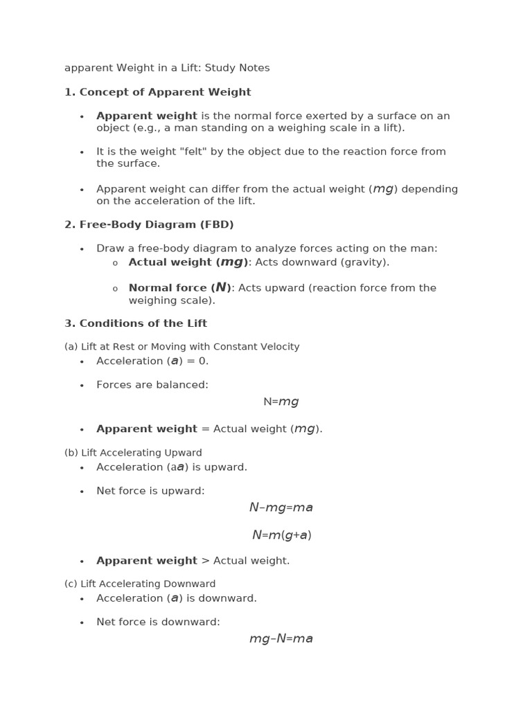 Apparent Weight in Lifts: Key Concepts | PDF | Weight | Force
