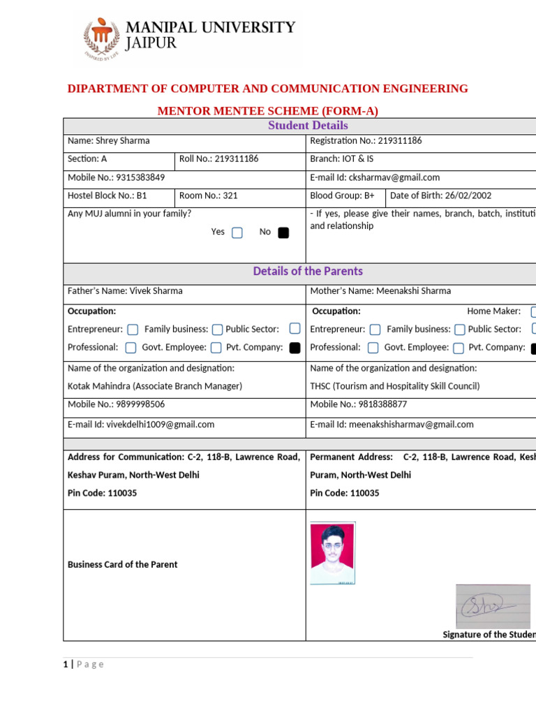 Form A MUJ - MENTOR MENTEE SCHEME - Dr. Renu Kumawat | PDF