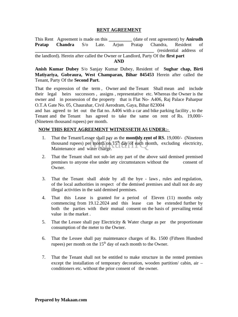 Rent Agreement Template for Bihar | PDF | Lease | Leasehold Estate