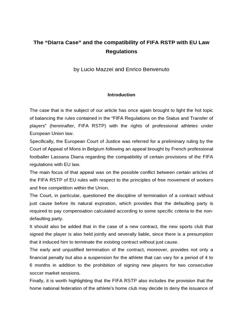 Diarra Case: FIFA RSTP vs EU Law | PDF | European Court Of Justice ...