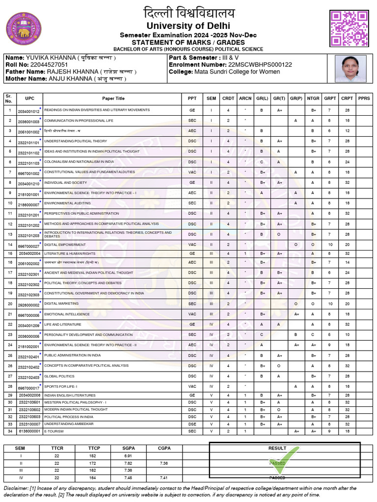 University of Delhi: Semester Examination 2024 - 2025 Nov-Dec Statement ...